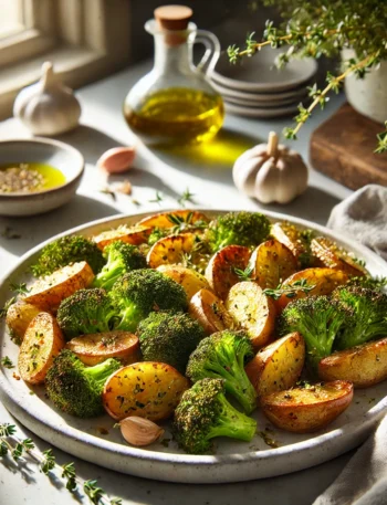 A dish of roasted potatoes and broccoli garnished with fresh herbs and garlic on a white serving platter