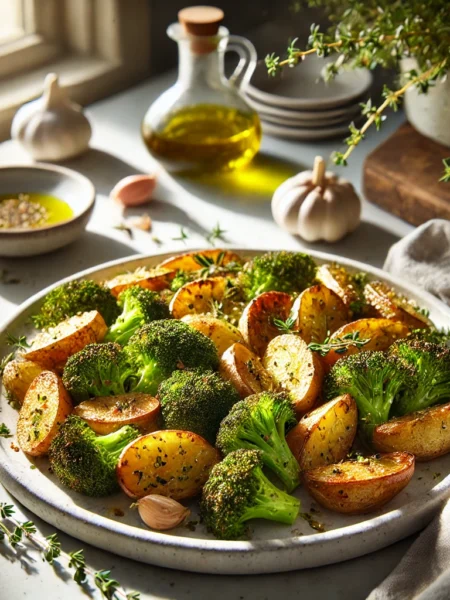 A dish of roasted potatoes and broccoli garnished with fresh herbs and garlic on a white serving platter