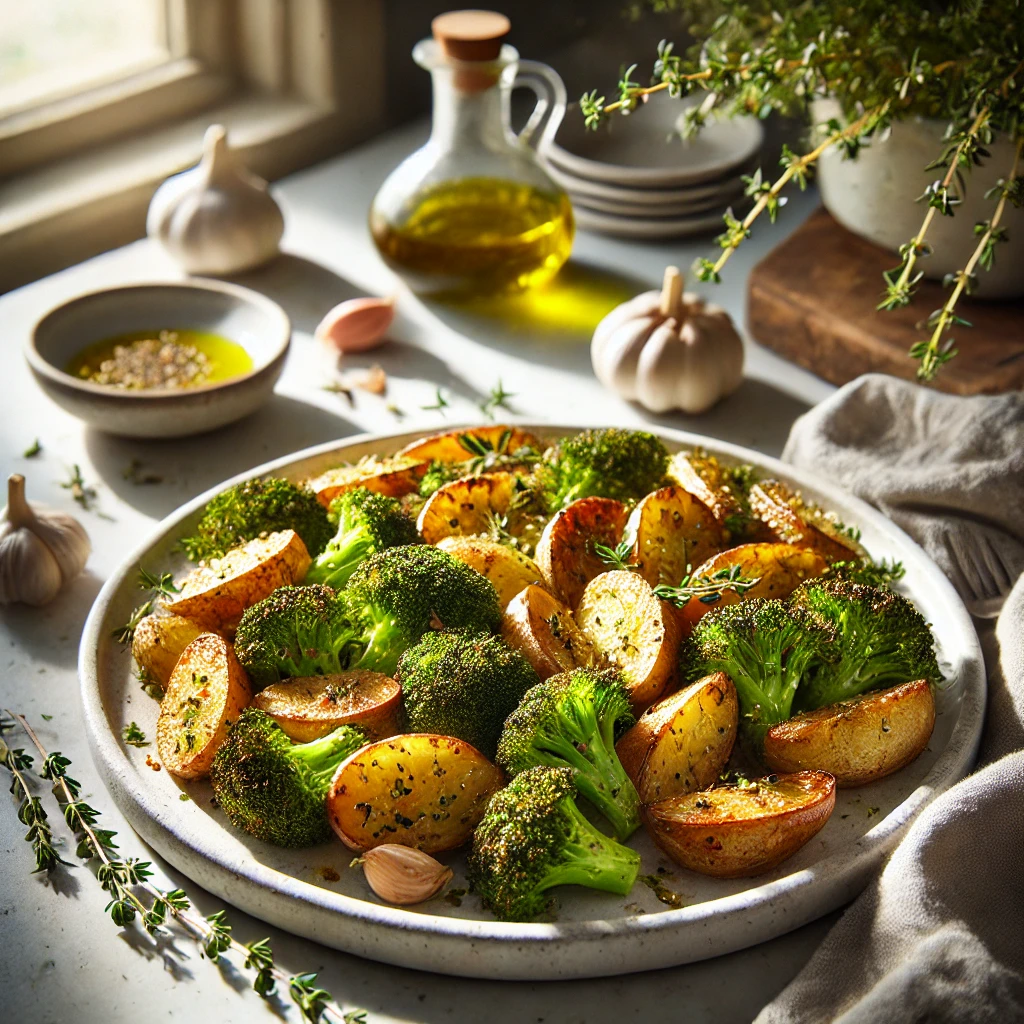 A dish of roasted potatoes and broccoli garnished with fresh herbs and garlic on a white serving platter