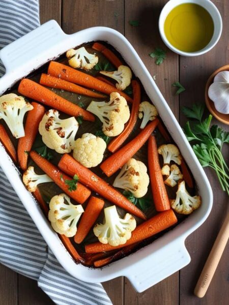 Golden roasted cauliflower and carrots garnished with parsley on a rustic table.