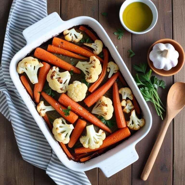 Golden roasted cauliflower and carrots garnished with parsley on a rustic table.
