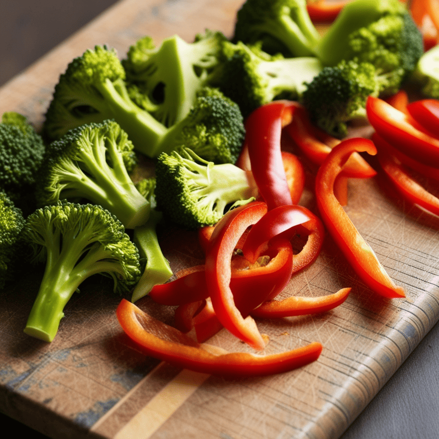 Fresh broccoli florets and red pepper strips ready for roasting