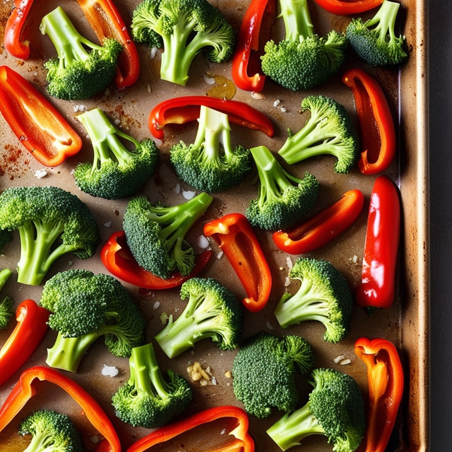 Seasoned broccoli and red peppers on a baking sheet ready to be roasted