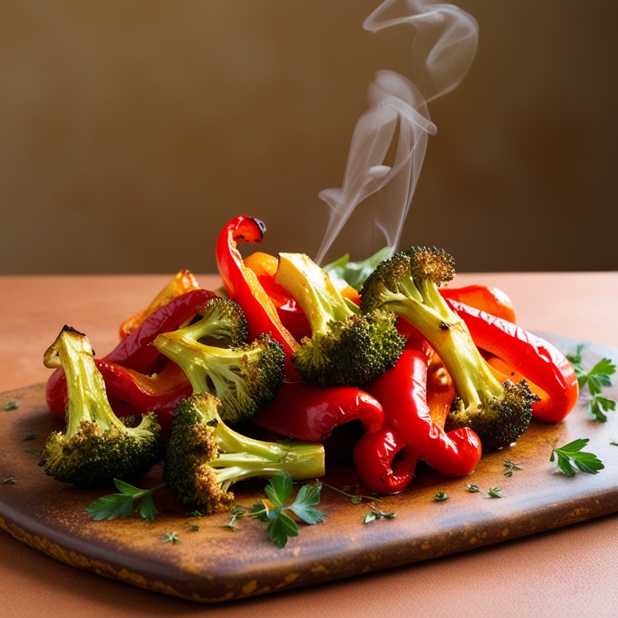 Crispy, roasted broccoli and red peppers fresh from the oven