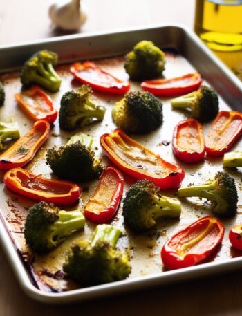 Roasted broccoli and red peppers on a baking sheet, golden and crispy