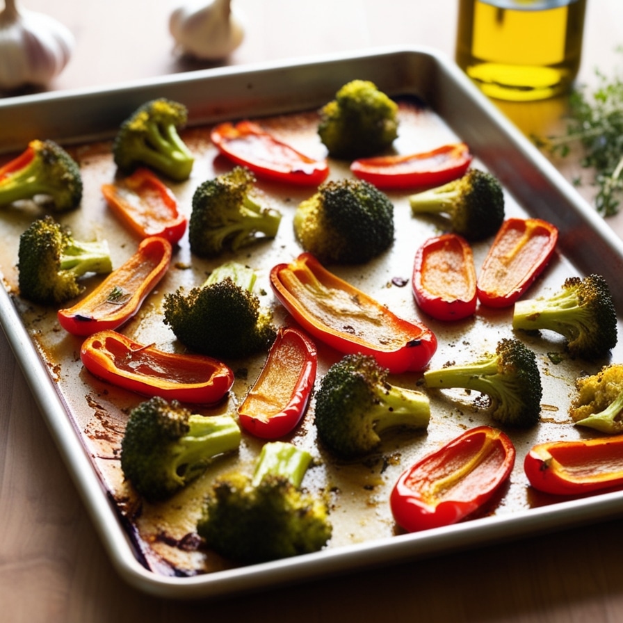 Roasted broccoli and red peppers on a baking sheet, golden and crispy