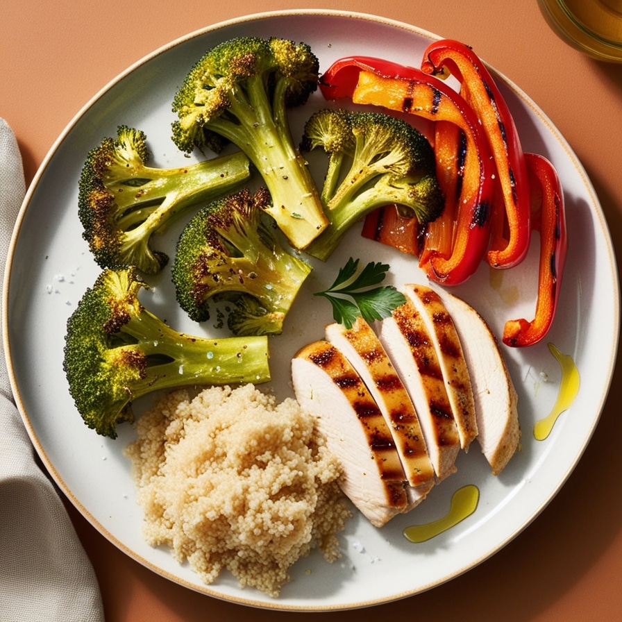 Roasted broccoli and red peppers served with grilled chicken and quinoa