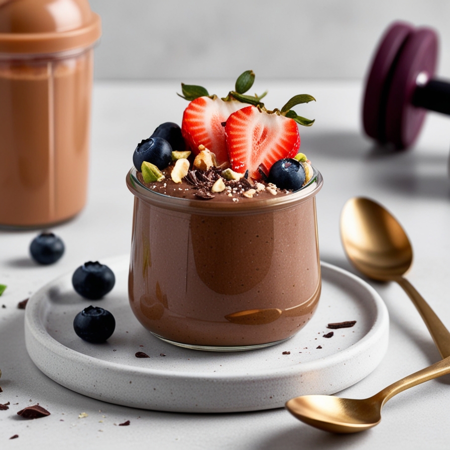 5-Minute Protein Pudding topped with fresh fruits, nuts, and dark chocolate shavings in a glass jar