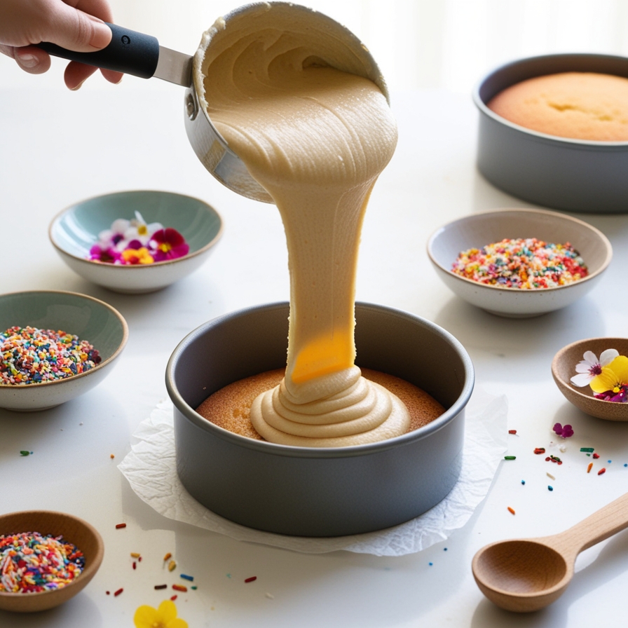 Pouring Cake Batter into the Pan bento cake