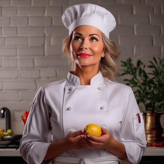 Norah, a woman chef in her kitchen, smiling warmly as she holds a bowl of fresh strawberries, ready to create delicious recipes