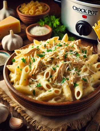 Creamy chicken pasta topped with Parmesan and parsley