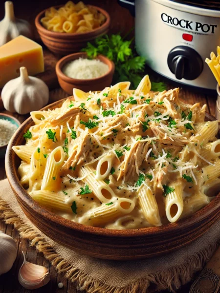 Creamy chicken pasta topped with Parmesan and parsley