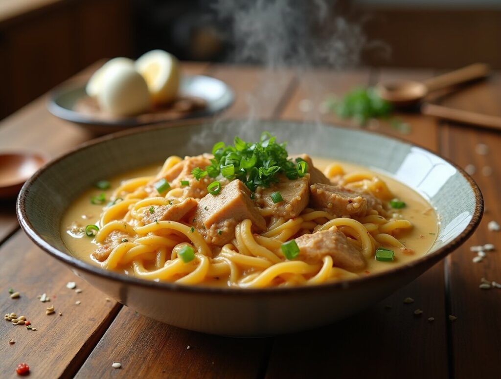 A bowl of creamy chicken ramen with tender chicken, ramen noodles, and a rich cream sauce, garnished with green onions and parsley