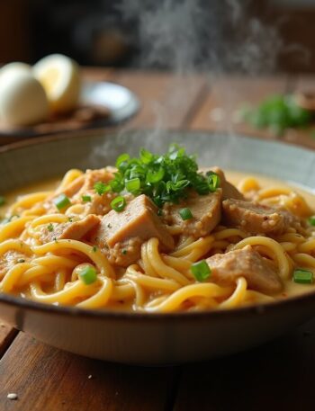 A bowl of creamy chicken ramen with tender chicken, ramen noodles, and a rich cream sauce, garnished with green onions and parsley