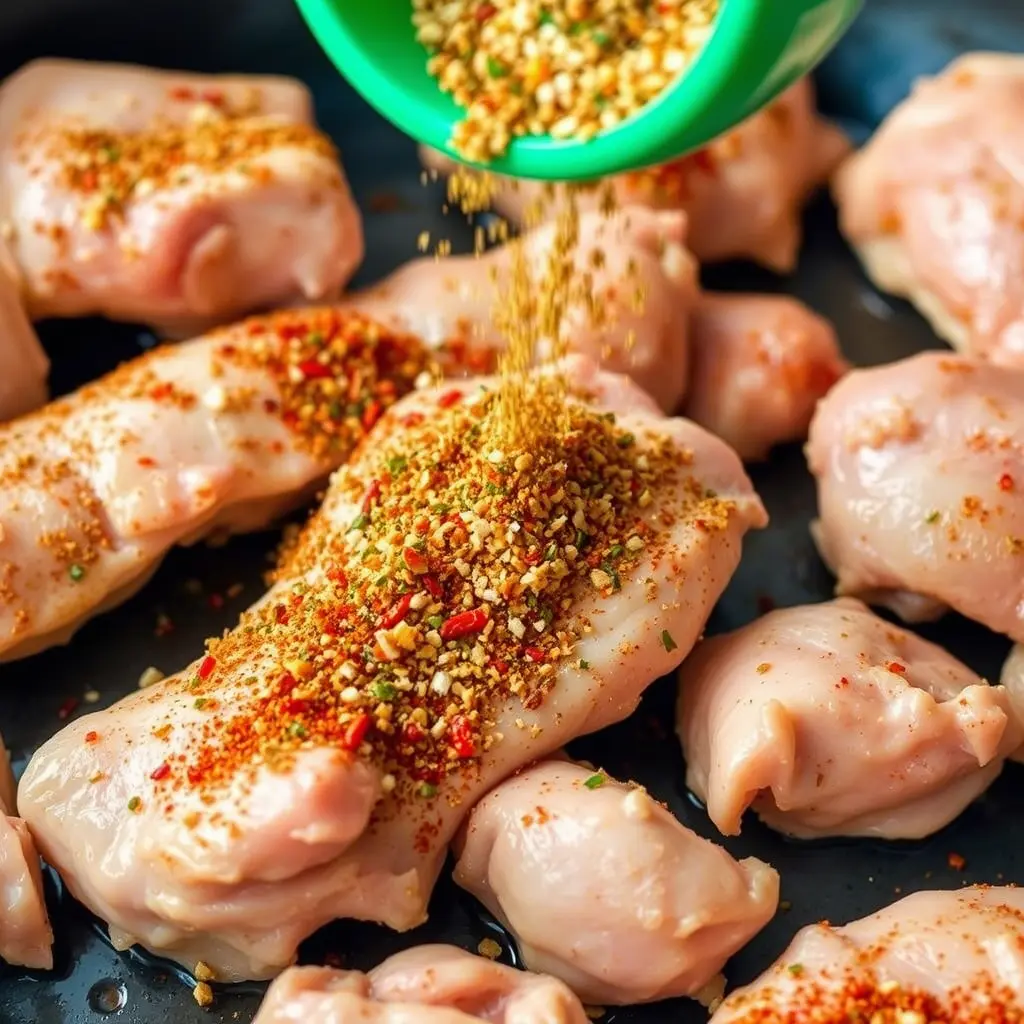 Tender chicken pieces coated in chicken taco seasoning cooking in a skillet