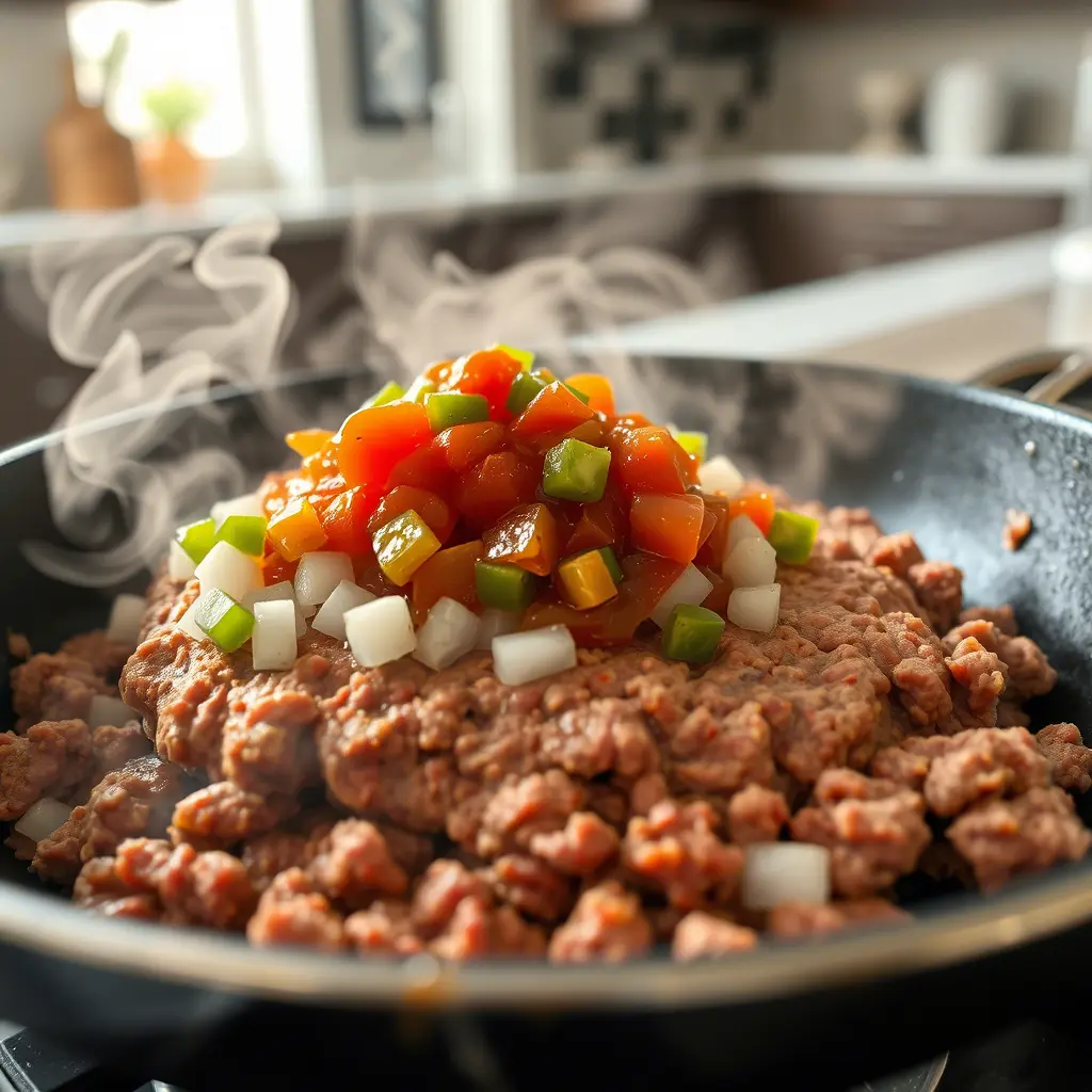 Cooking sizzling ground beef with salsa in a skillet for Beef and Cheese Burrito filling