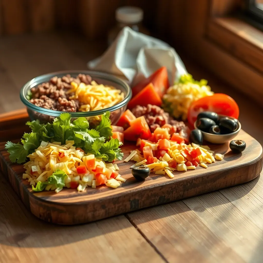 Fresh ingredients like ground beef, cheese, tomatoes, and lettuce for making a Beef and Cheese Burrito