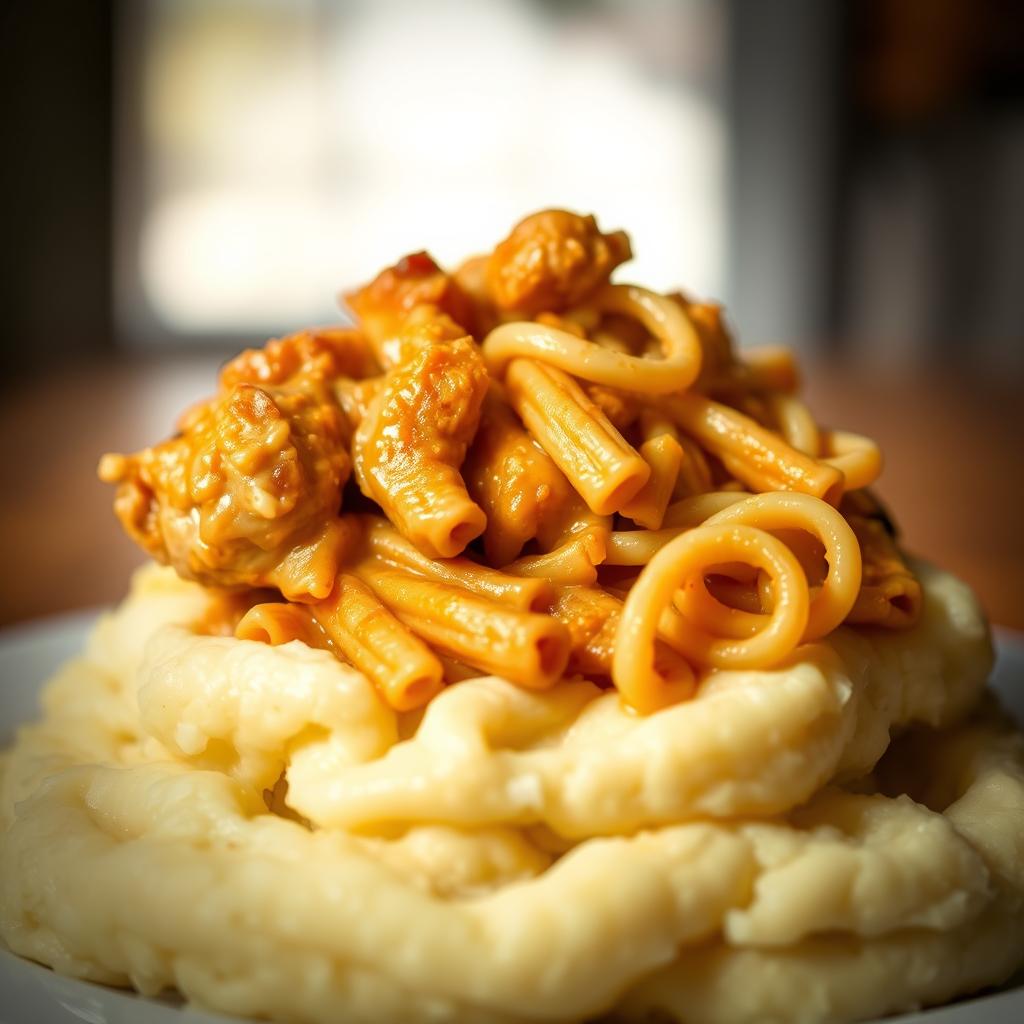 chicken and noodles over mashed potatoes