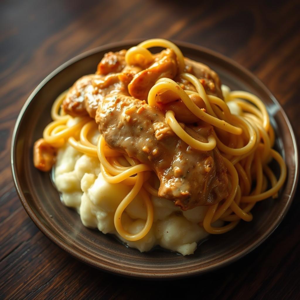 chicken and noodles over mashed potatoes