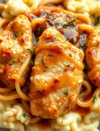 chicken and noodles over mashed potatoes