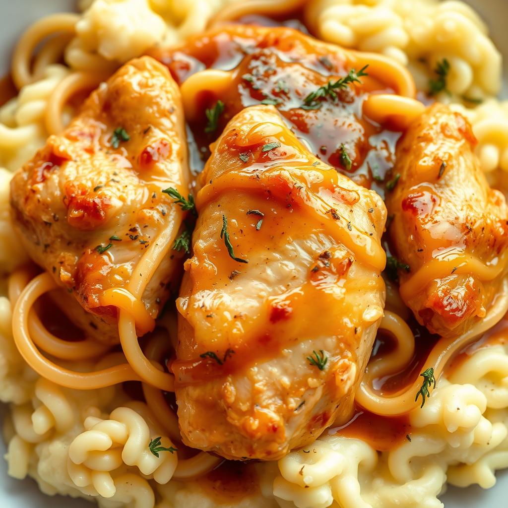 chicken and noodles over mashed potatoes