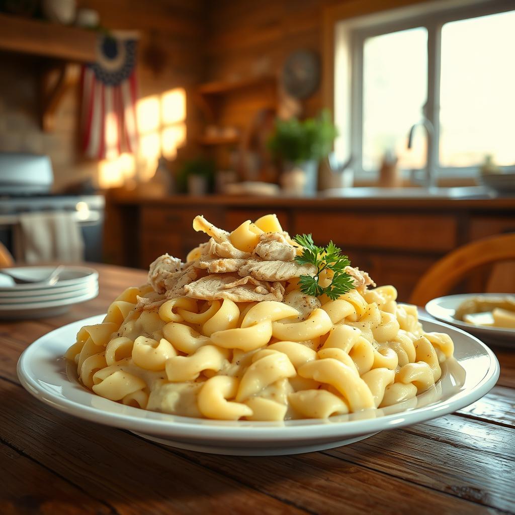 chicken noodles over mashed potatoes