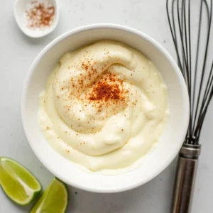 Creamy lime-chili sauce in a bowl, the perfect topping for your Street Corn Chicken Rice Bowl
