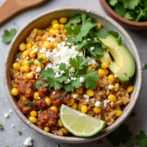 Finished Street Corn Chicken Rice Bowl garnished with cotija cheese, cilantro, and lime zest, vibrant and delicious