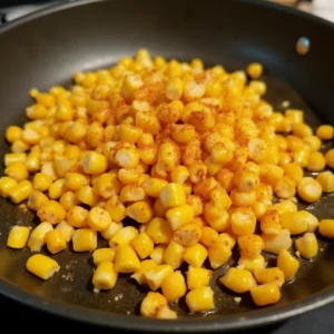 Golden charred corn kernels in a skillet, adding smoky flavor to your Street Corn Chicken Rice Bowl