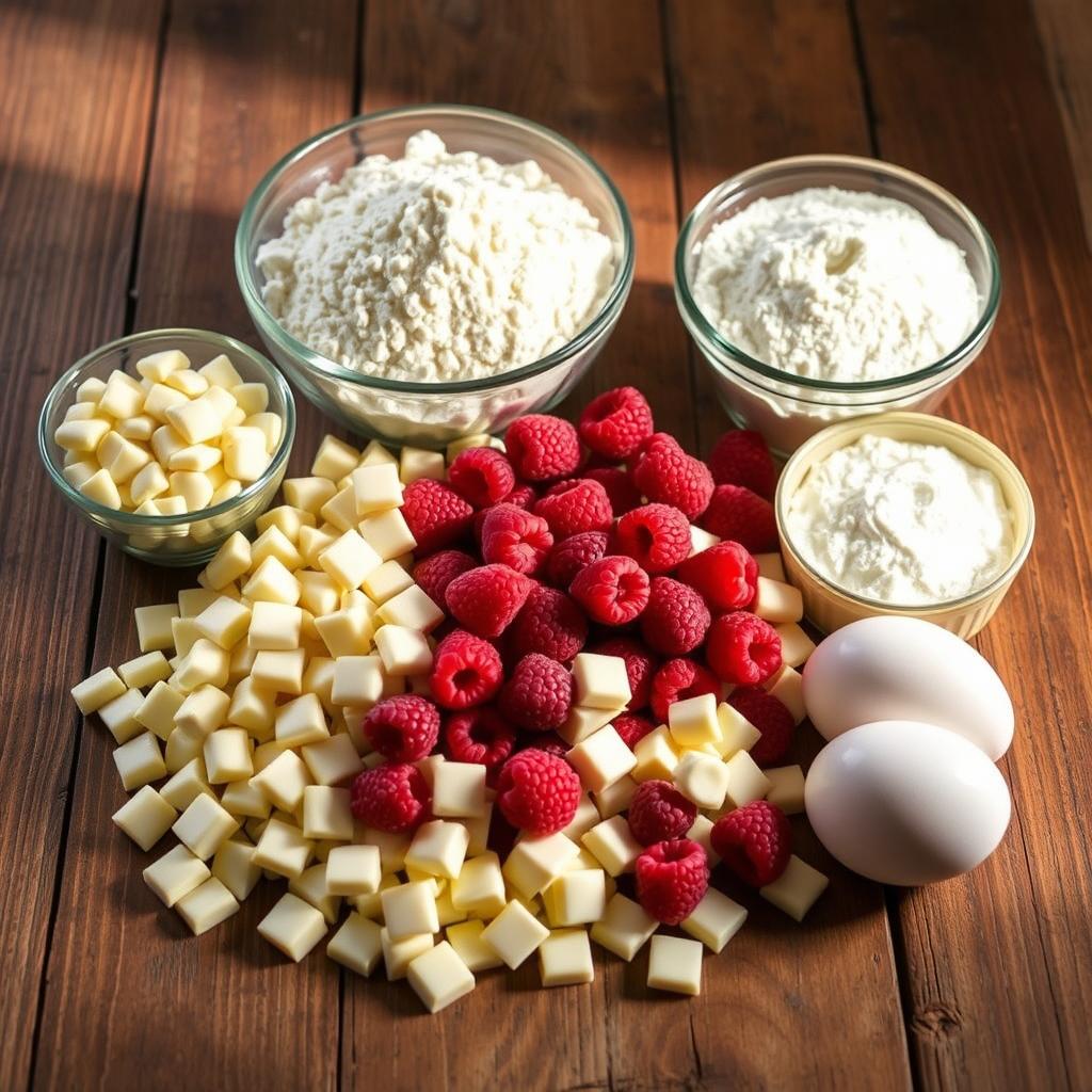 ingredients for white chocolate raspberry cookies