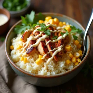 Layered Street Corn Chicken Rice Bowl with rice, chicken, corn, and creamy sauce, ready to serve