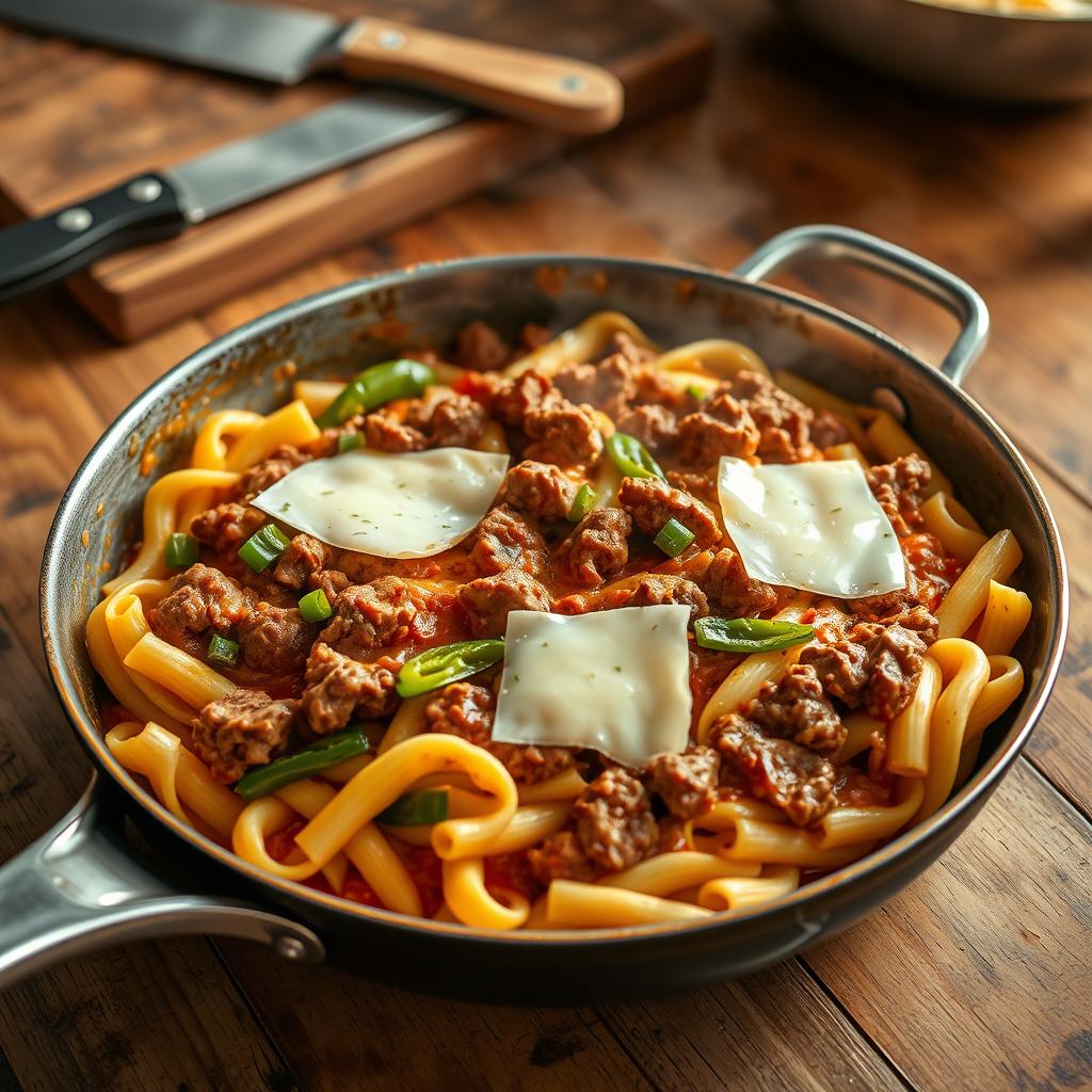 philly cheesesteak pasta skillet