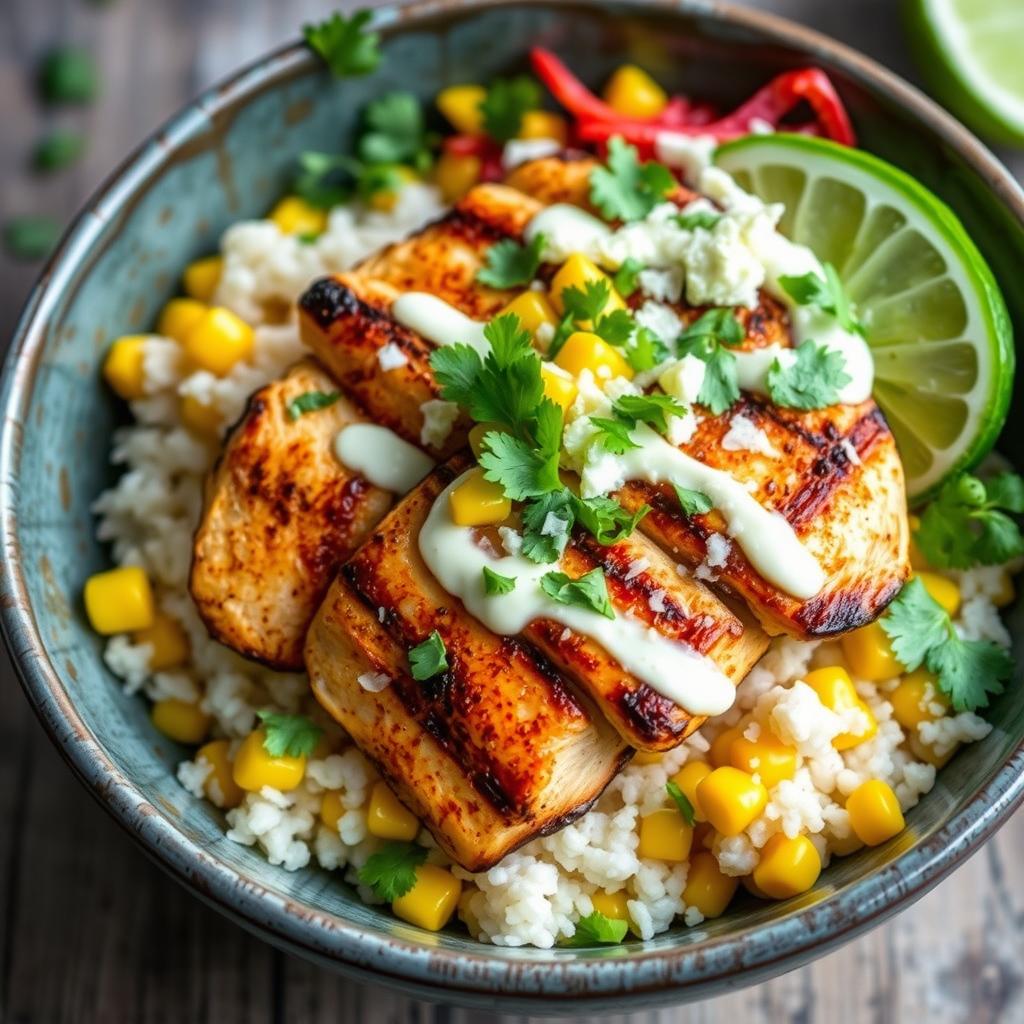 street corn chicken rice bowl