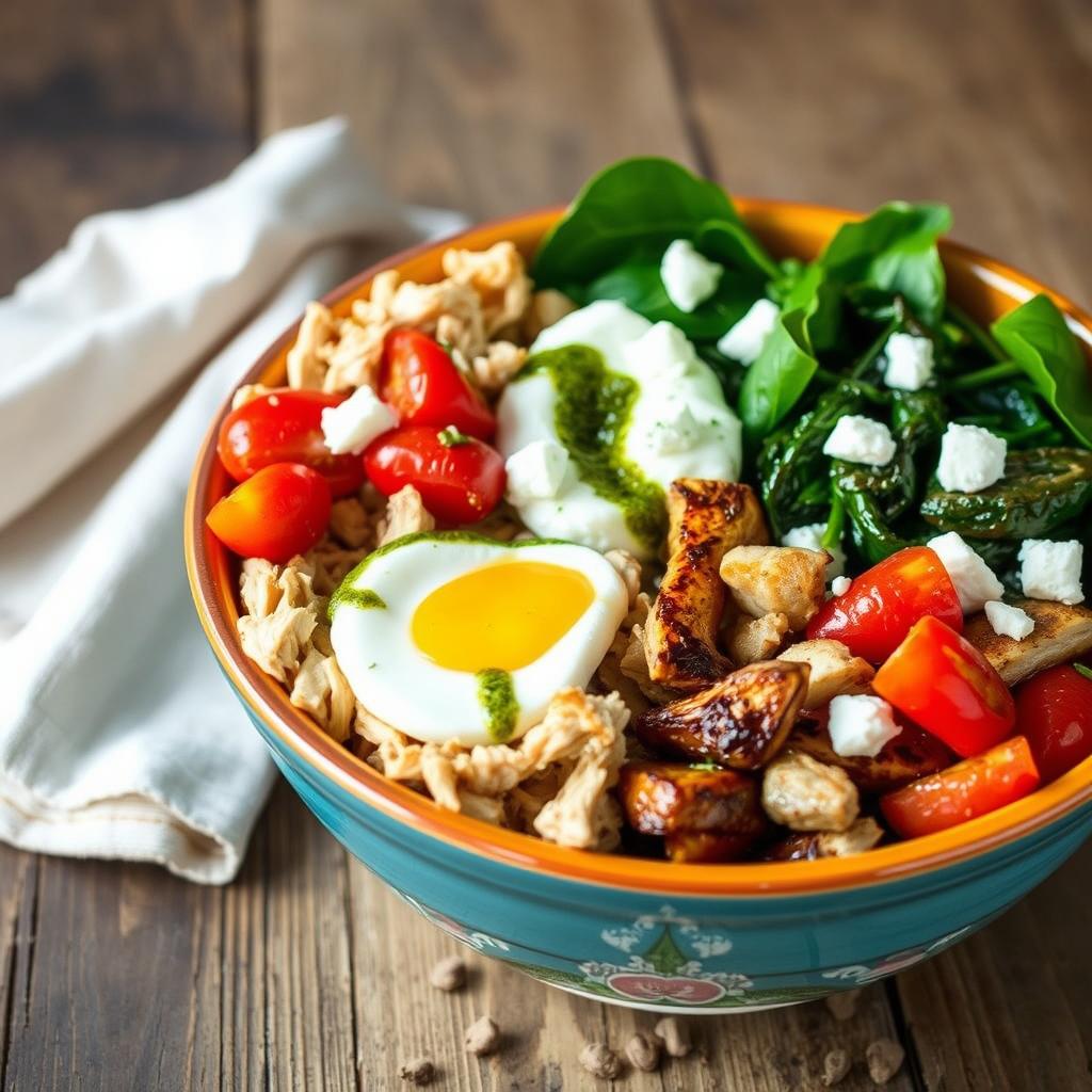 Repurposed chicken breakfast ideas in a colorful bowl Repurposed chicken breakfast ideas in a colorful bowl