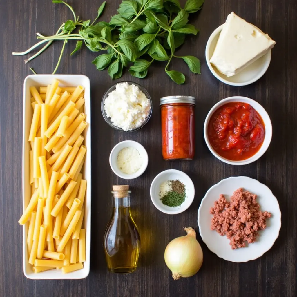 Taylor Street Baked Ziti ingredients arranged on a table 