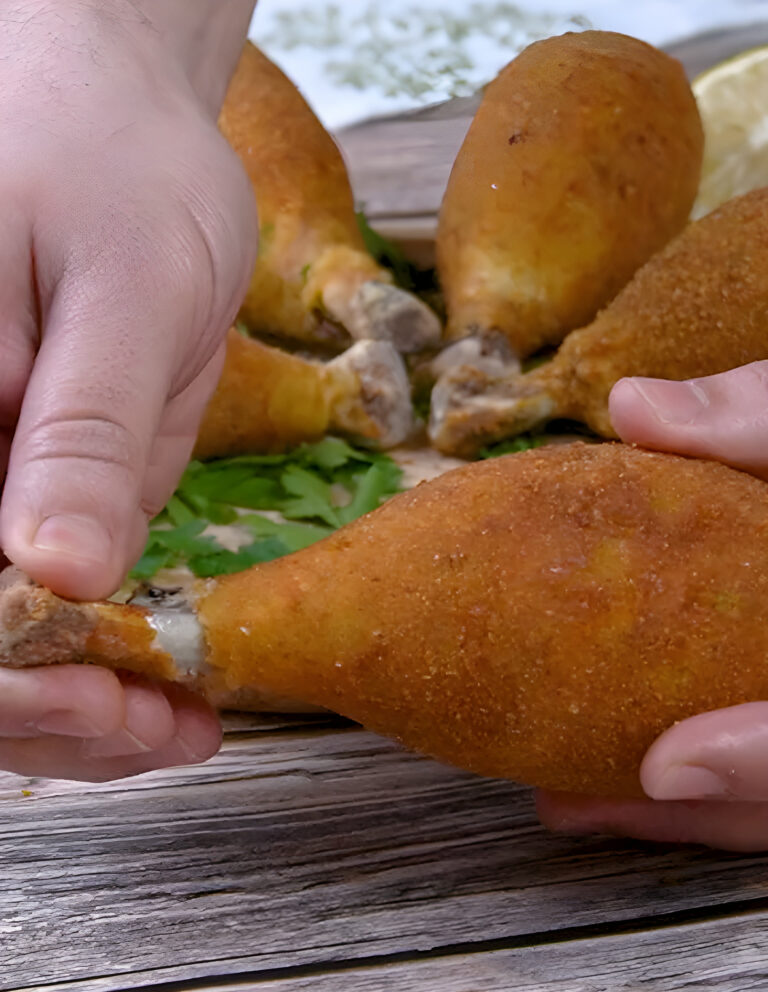 Golden chicken drumstick croquettes with the bones sticking out, on a wooden board with parsley