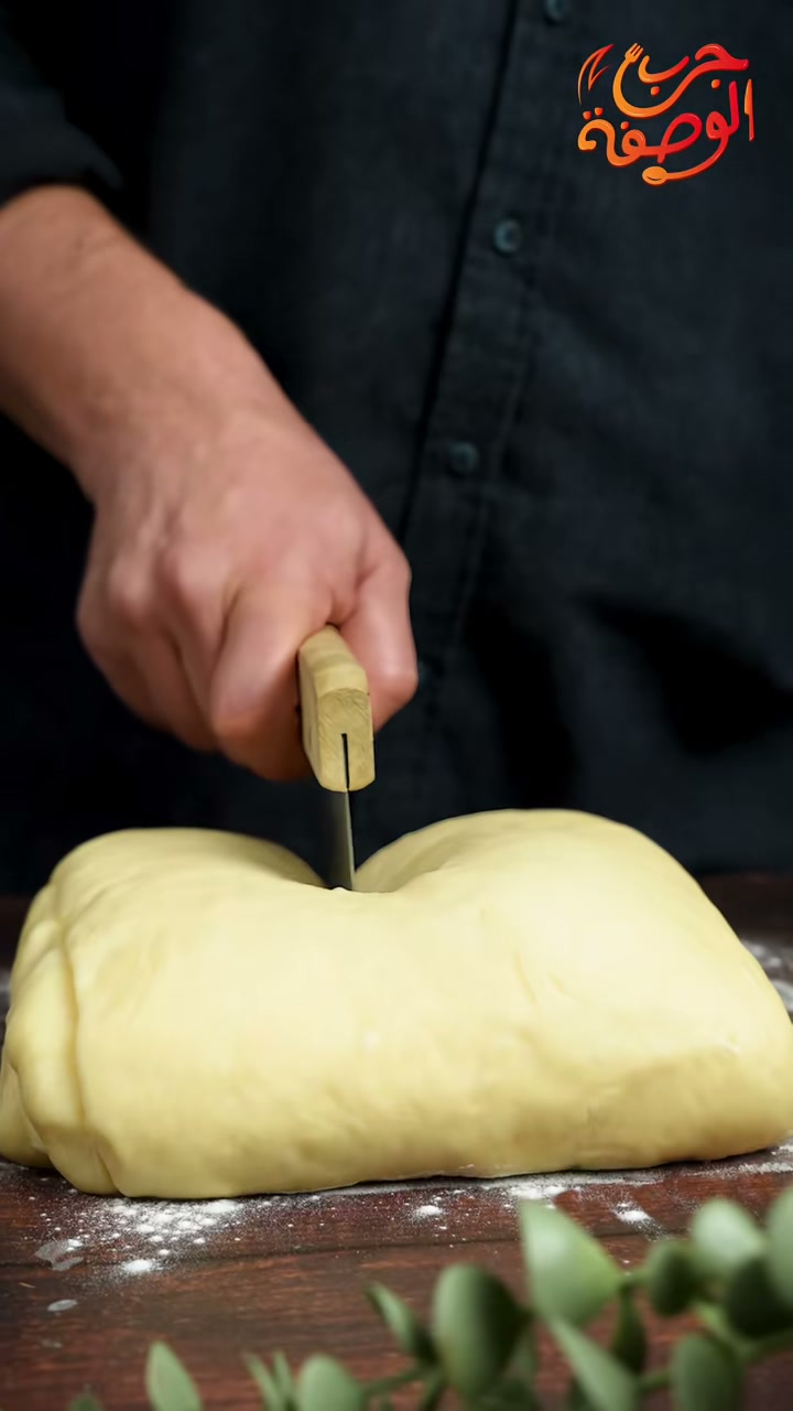 Cutting the chilled laminated dough in half with a knife