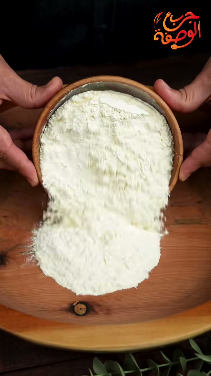 Pouring flour into a wooden bowl for the chnek dough