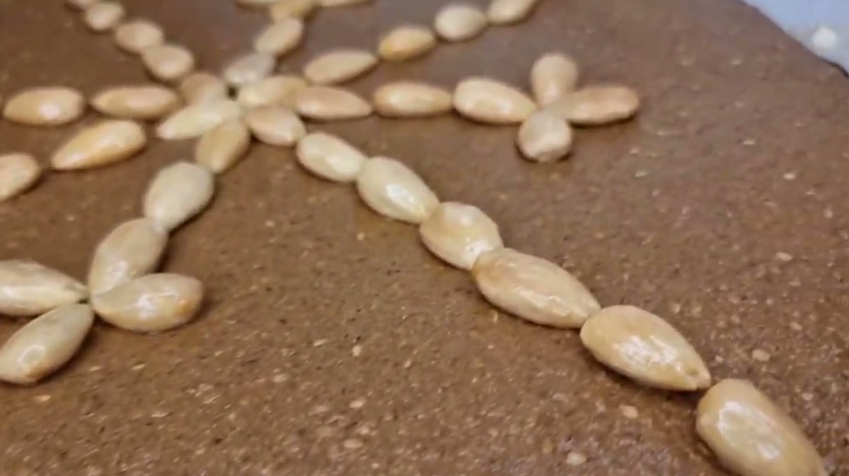 Close-up of the smooth sellou surface with toasted blanched almonds